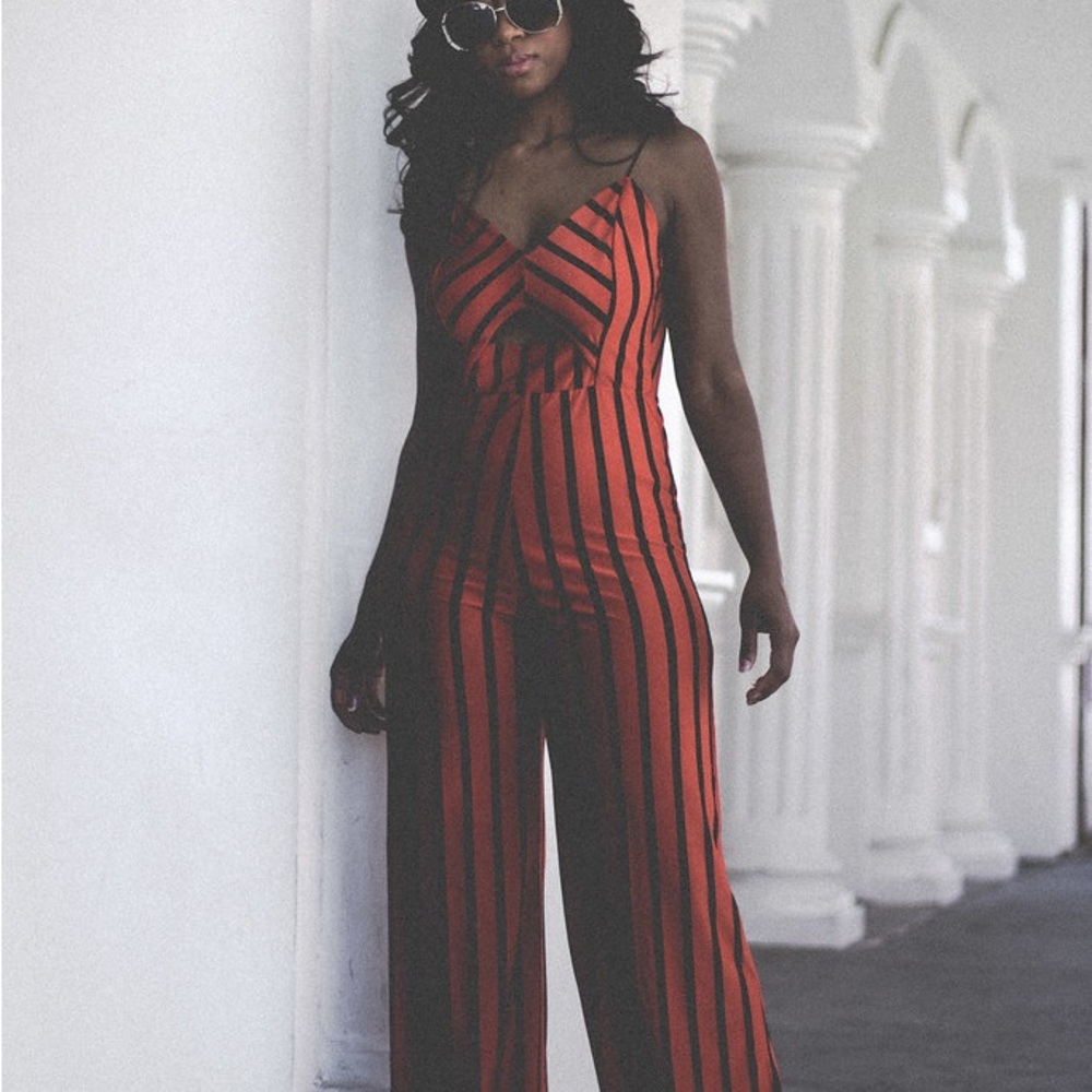 Red and Black Striped Wide-Leg Spaghetti Strap Jumpsuit